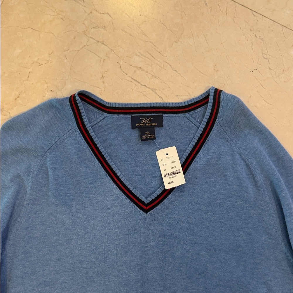 Brooks Brothers V-Neck Sweater in Blue with Red Trim - Picture 3 of 12
